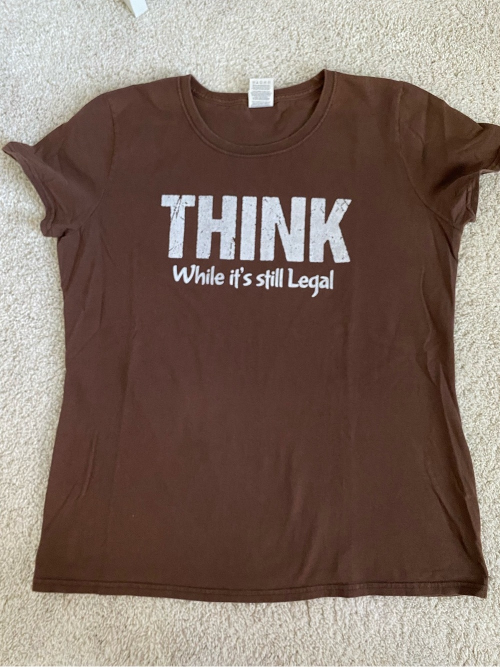 Fruit of the Loom Brown Graphic Tee with White "THINK" Print